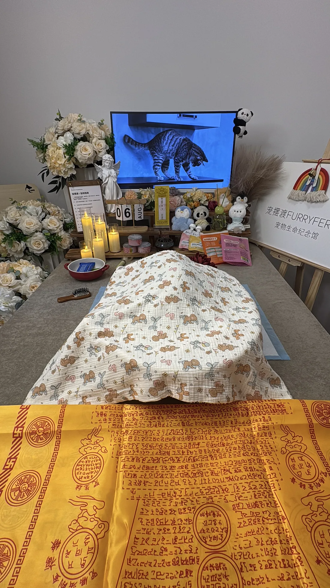 成都宠物告别仪式中的鲜花与纪念照片